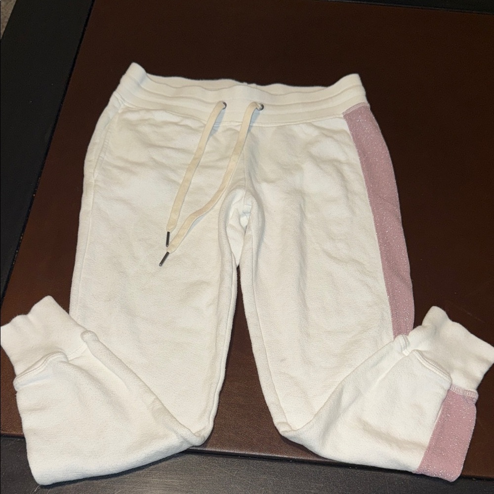 Philanthropy White Jogger Sweatpants with sparkle Pink Side Stripe